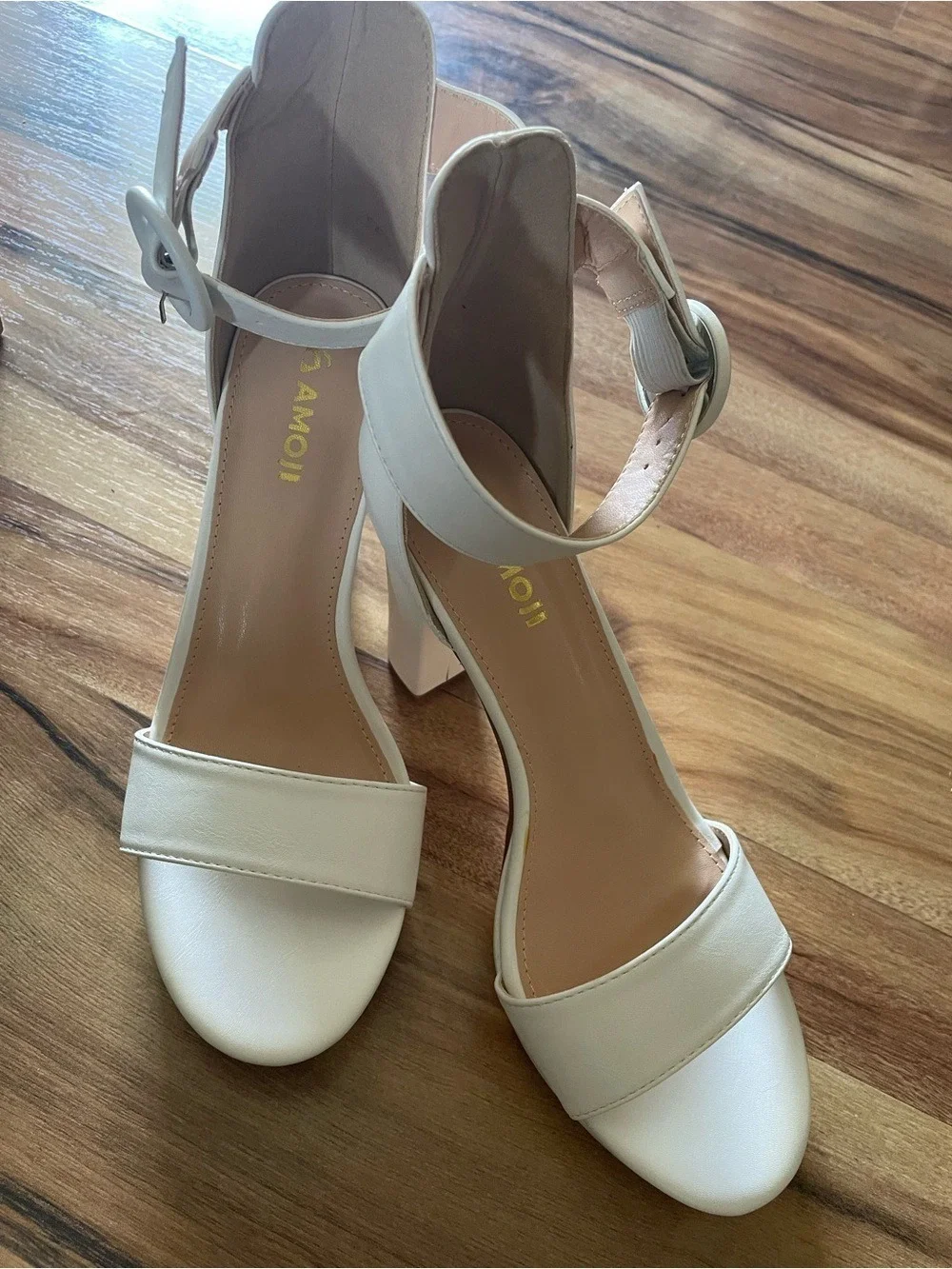 White Block Heel Ankle-Strap Sandals